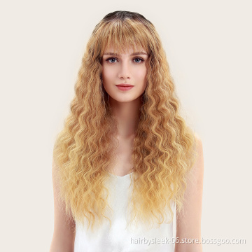 Soft long synthetic hair wigs honey color high temperature fiber curly weave machine made wigs wholesale wigs for women